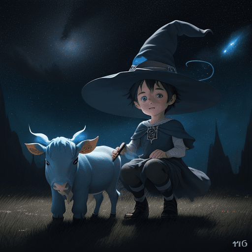 AI generated: Children’s drawing of a cute blue boy witch with a cute blue calf traveling the starry sky, dramatic...