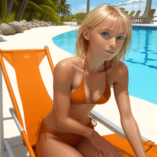 AI generated: petite blonde woman wearing a tan colored bikini laying on a beach chair by a swimming pool