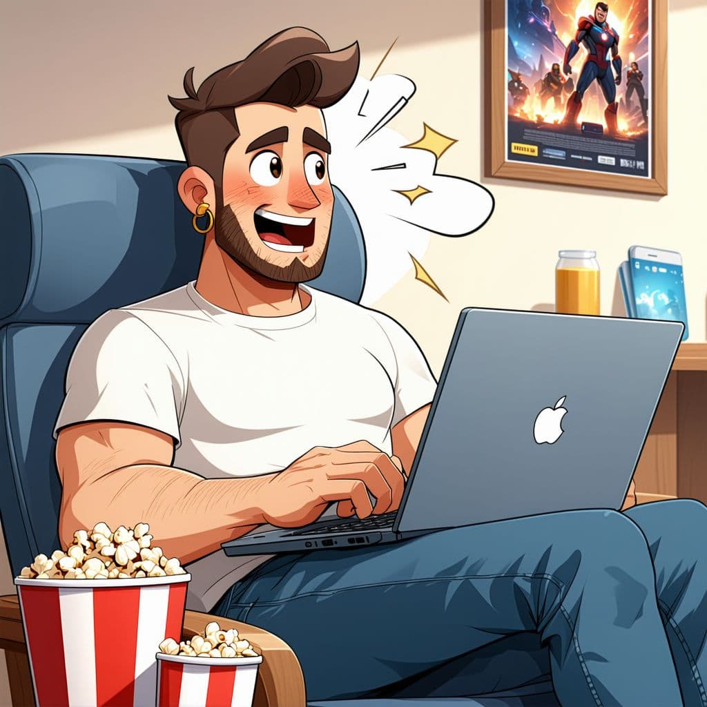 AI generated: A 28-year-old cartoon man sits in a reclining chair, with an animated and funny expression, watching...