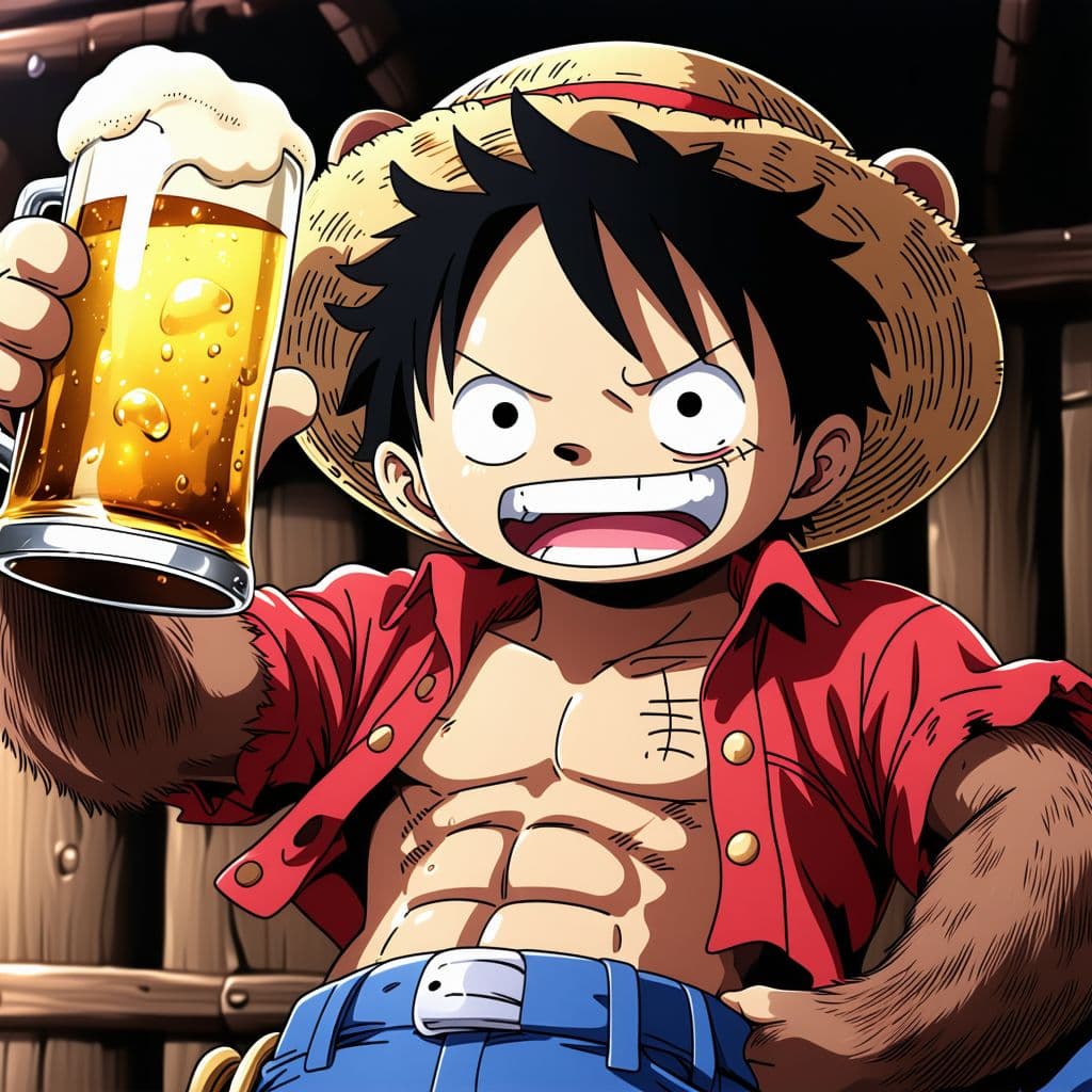 AI generated: one piece luffy powered up gear 4 but portrayed as an otter holding a modelo beer