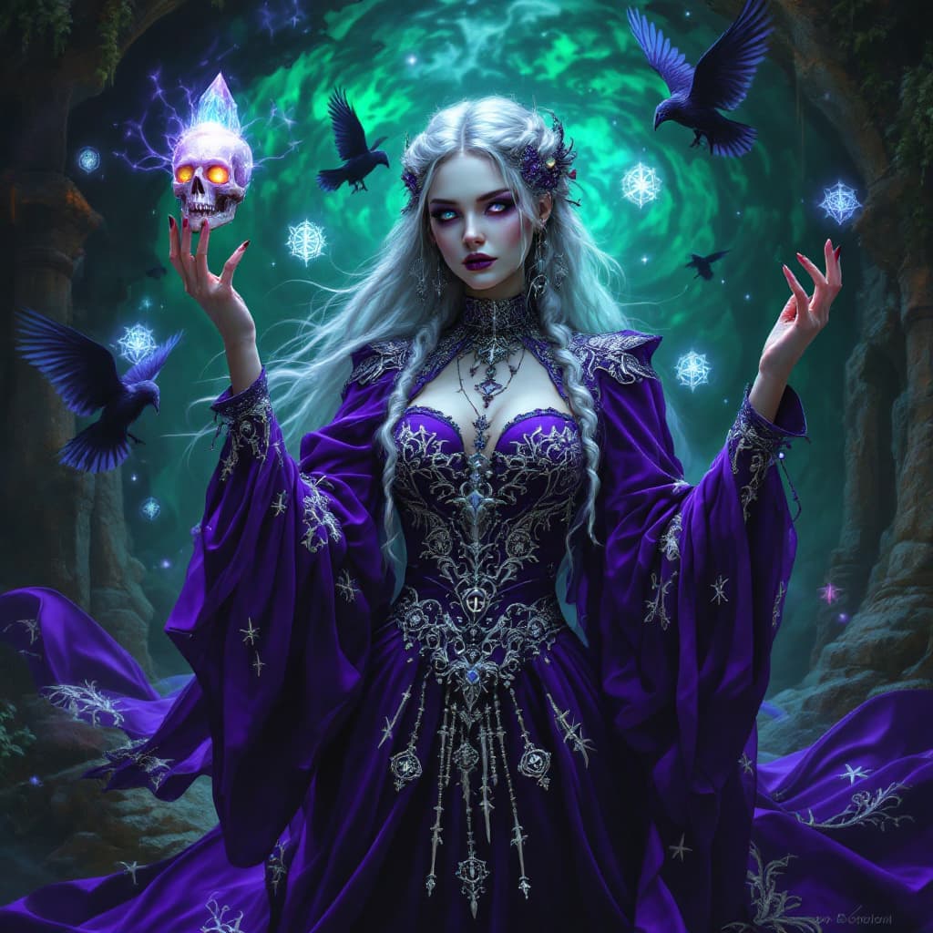 AI generated: An ultra-realistic, full-body static depiction of an arcane sorceress woman, exuding an aura of prof...