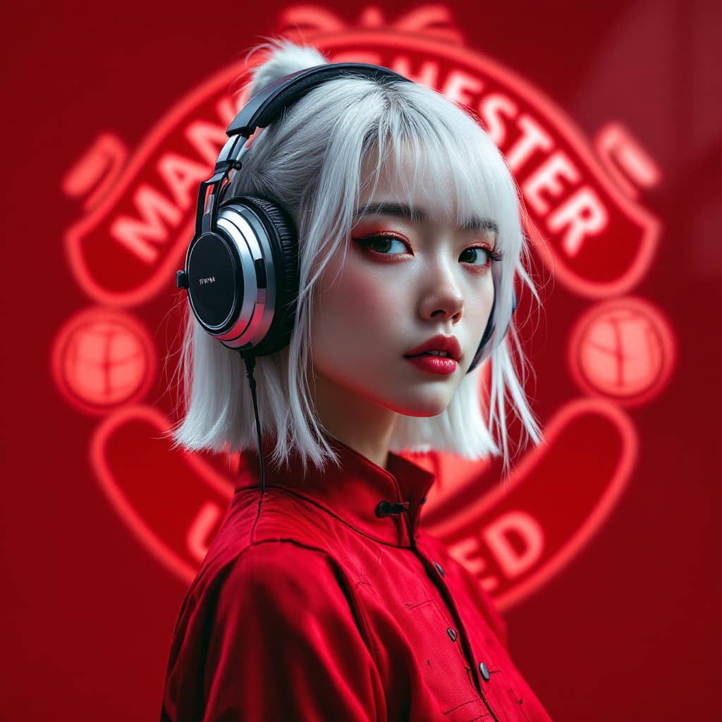 AI generated: Cute Chinese-American teenage girl with white hair wearing cool headphones on her head, wearing a li...