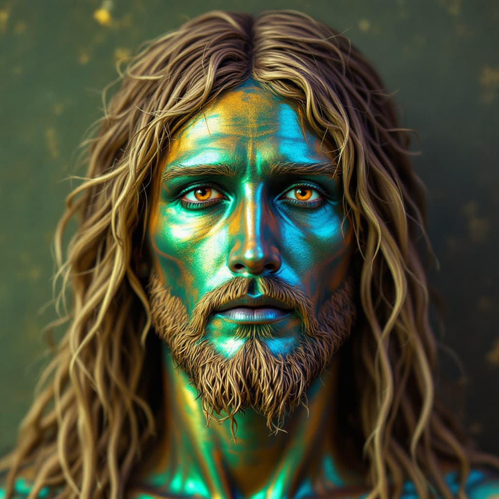 AI generated: front direct view portrait of blond jesus christ head, brown eyes, metalic skin, disappearing into t...