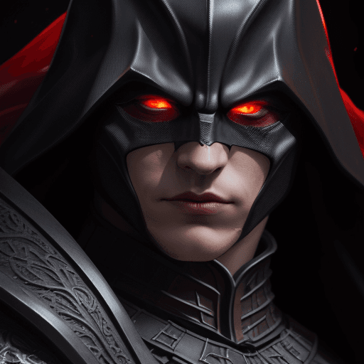 AI generated: closeup of dark knight from the Middle Ages, with face under the dark  red hood, with dark black ene...