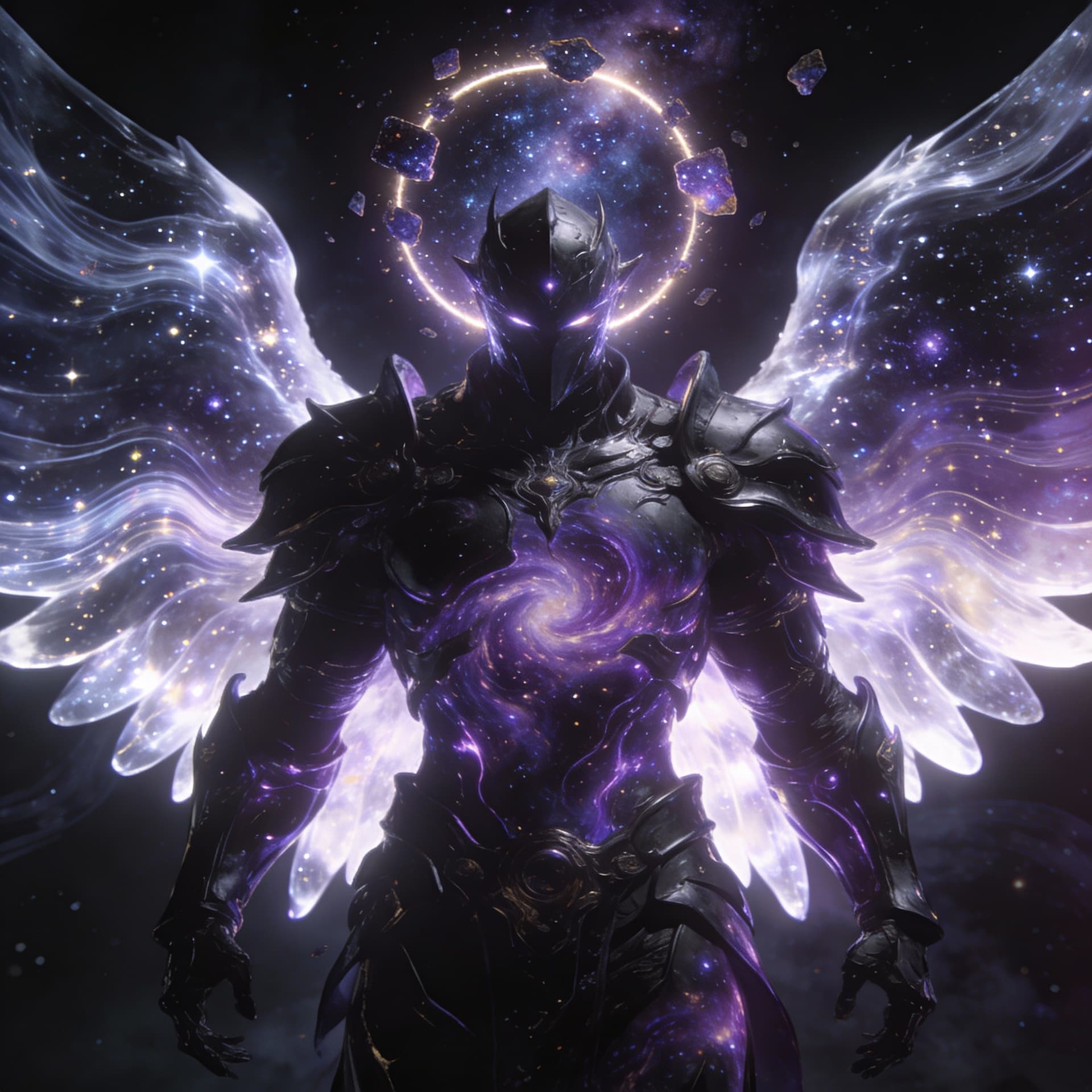 AI generated: Ascended celestial knight of the multiverse in final form, armor transforming into pure black and lu...