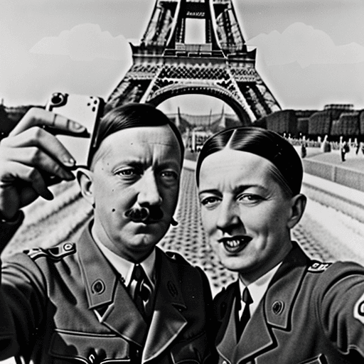AI generated: Adolf Hitler and Heinrich Himmler taking a selfie infront of the Eiffel Tower. symmetrical hyper rea...