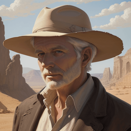 AI generated: new art : a 60 years old white man with short white hair and archaeologist clothes. satara by johnny...
