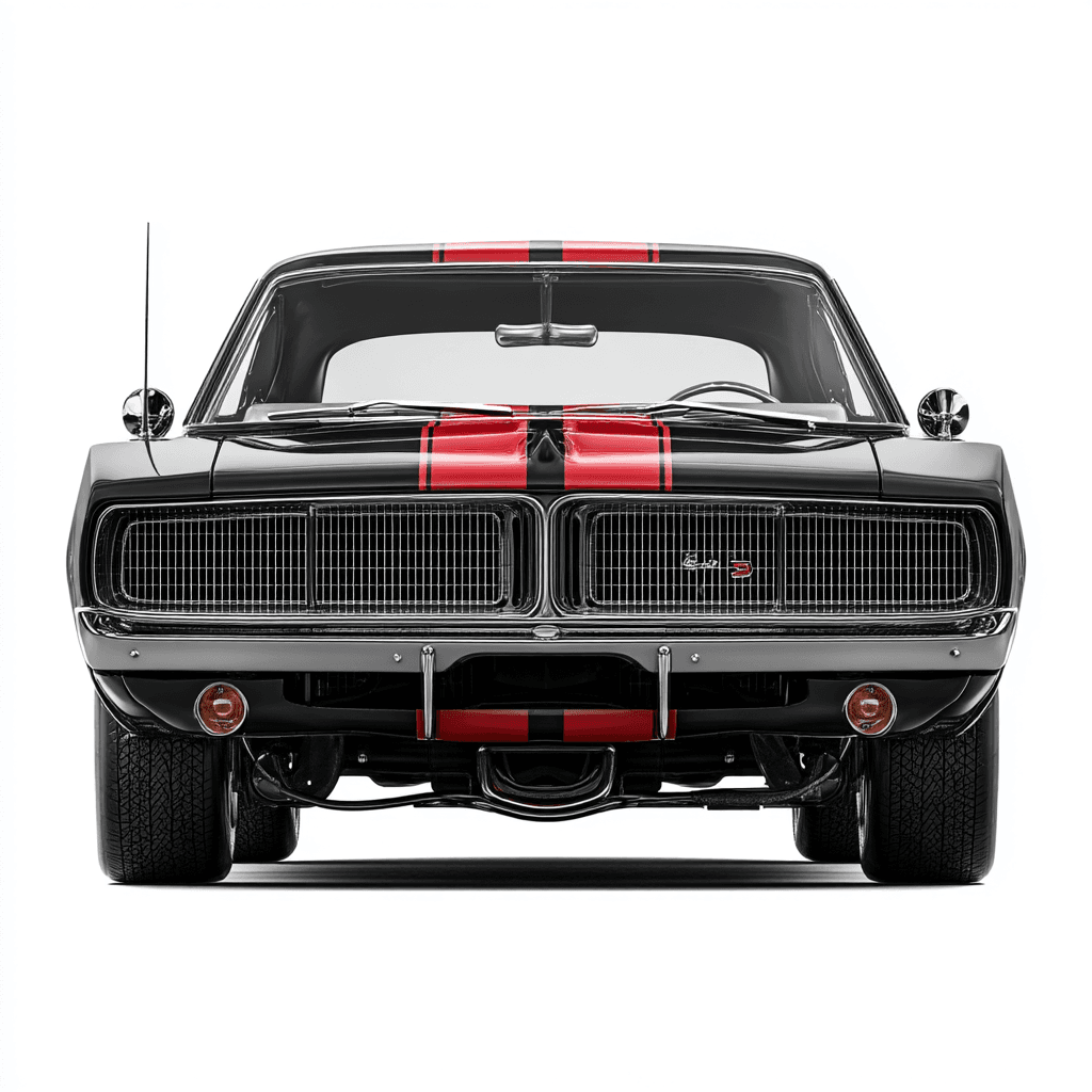 AI generated: classic 1969 Dodge Charger clipart, perfectly detailed with its aggressive front grille, black
raci...