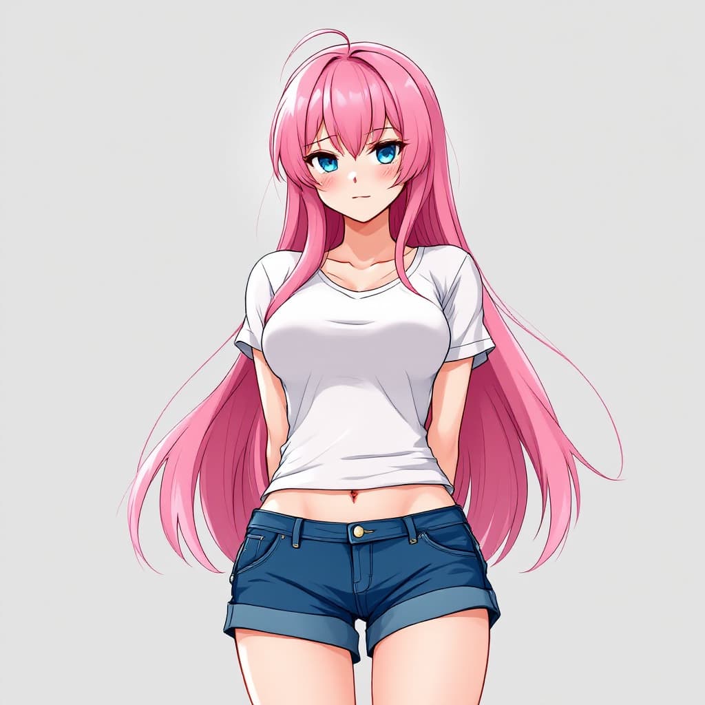 AI generated: anime, woman, pink hair, long hair, blue eyes, white t shirt, tight t shirt, blue shorts, bare feet,...