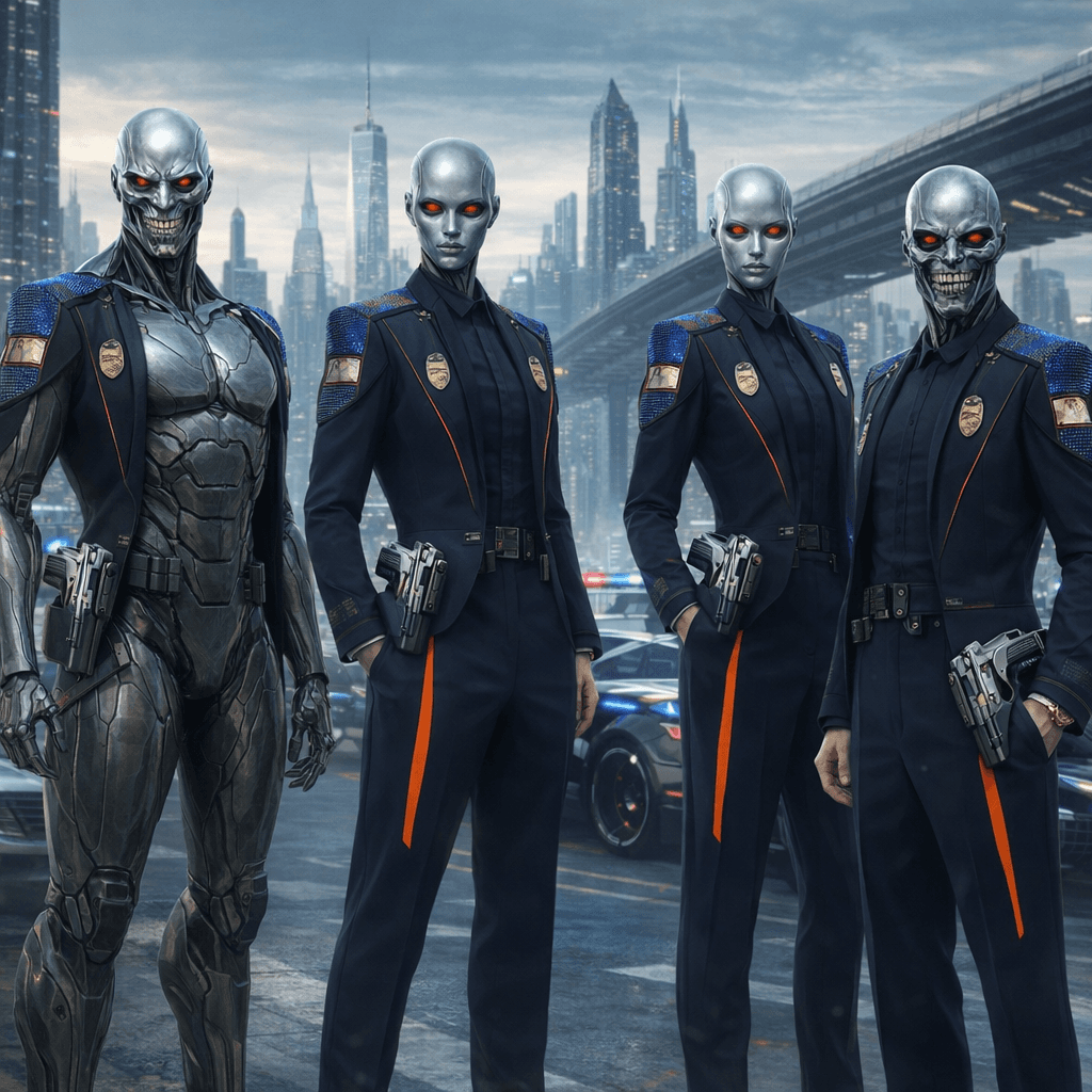 AI generated: Create an image of four futuristic Ailfs, reference images three and four, male and female, as Polic...