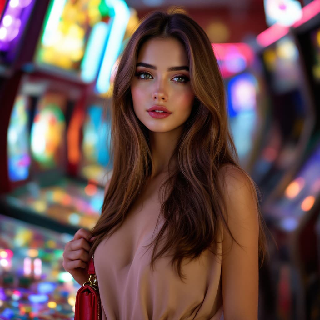 AI generated: female,She has long, straight brown hair and wears a distinctive, light dress. The woman has a porce...