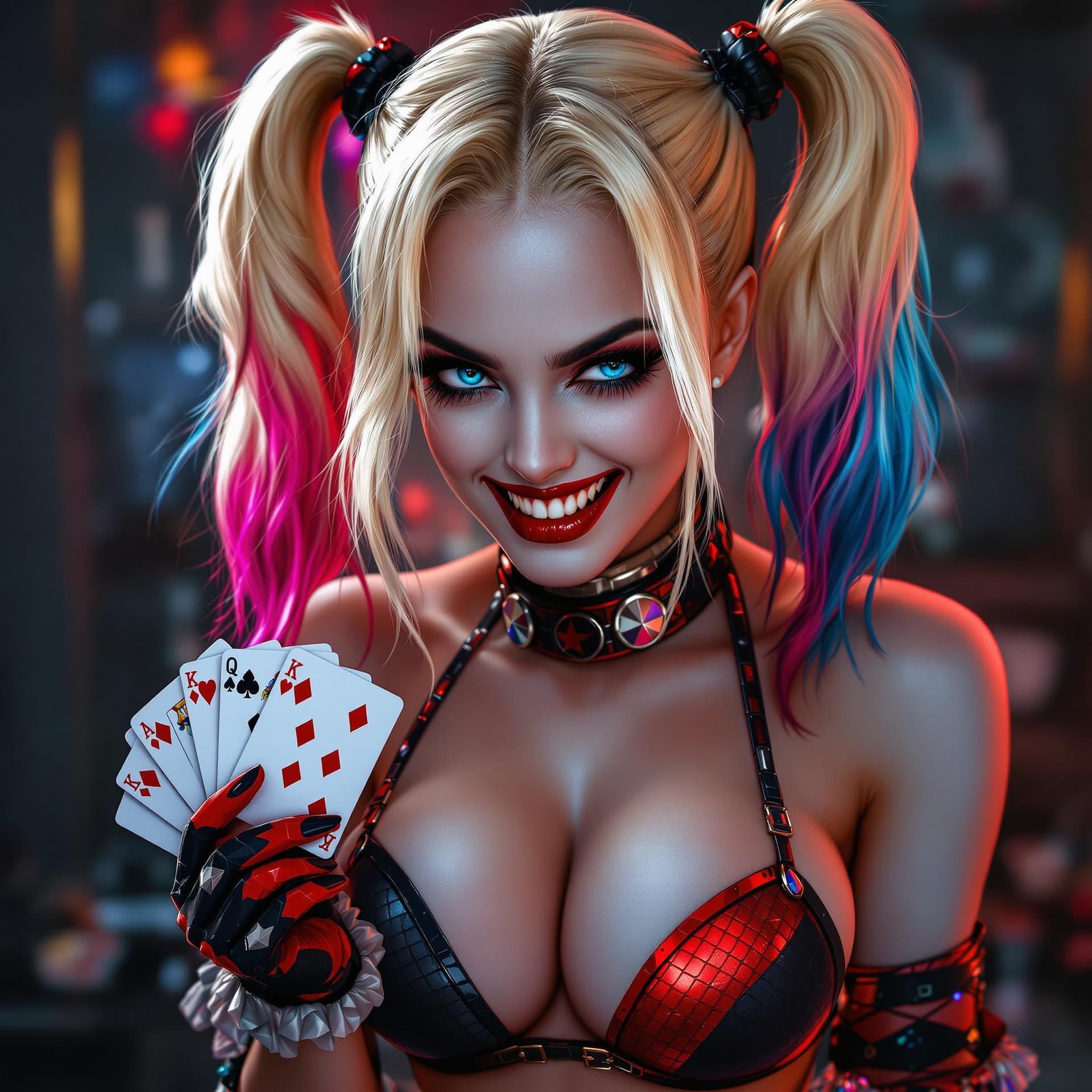 AI generated: Harley Quinn full body long shot,  with crystal blue eyes, pretty face,  sexy pose in  her  original...