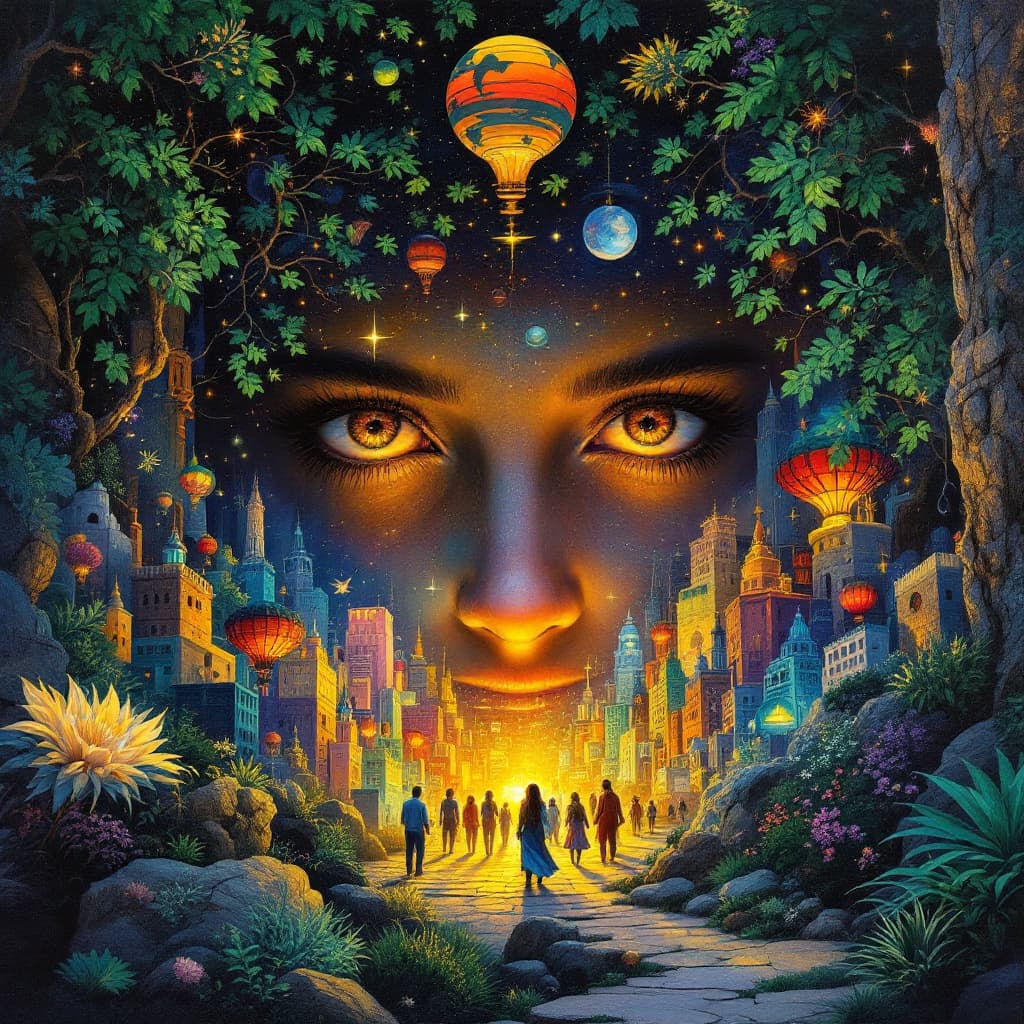 AI generated: A painting, close up to a detailed face of Cityscape in the center, in the style of magic in nature ...