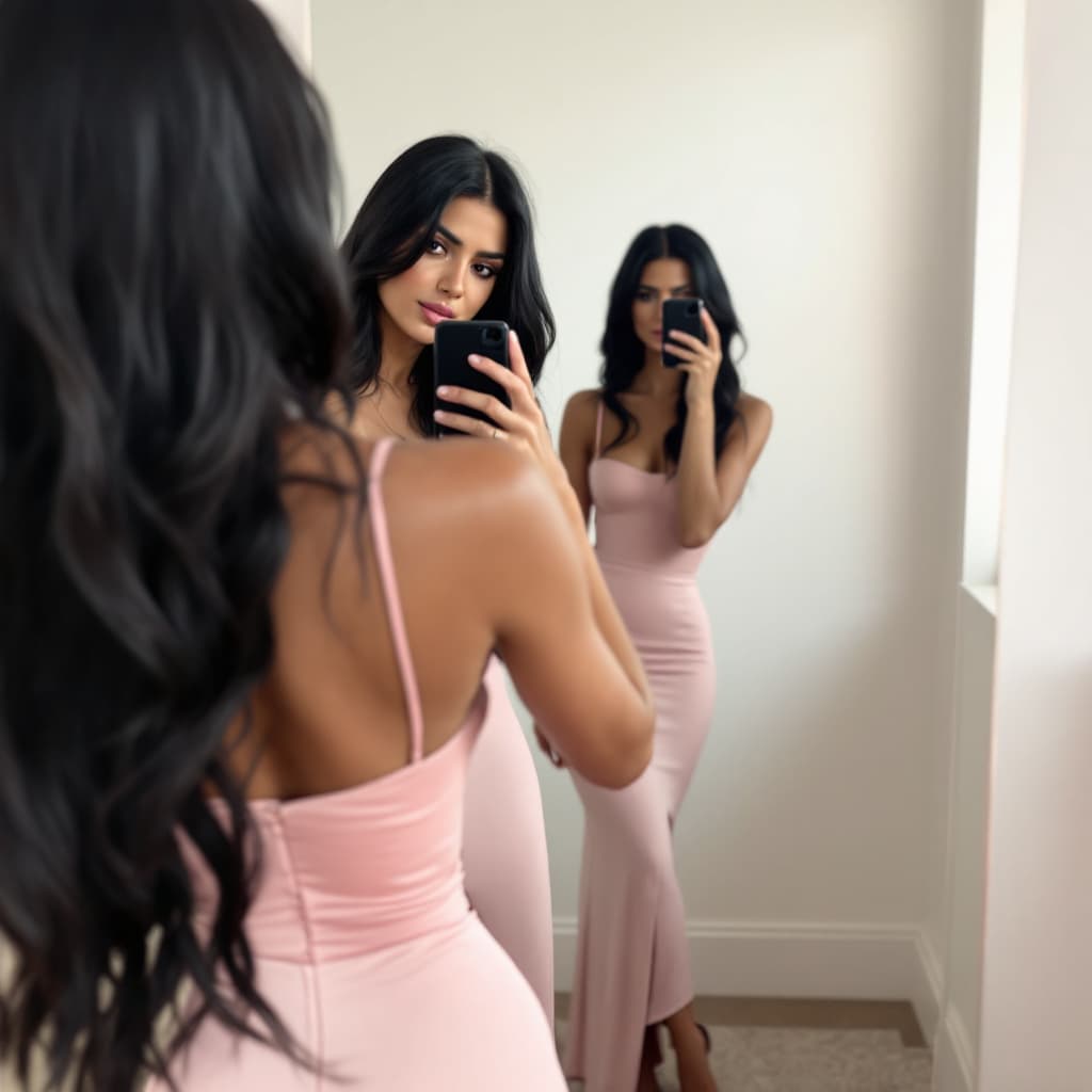 AI generated: Photo of a woman taking a selfie in a mirror, wearing a pink bodycon dress with thin straps and a hi...
