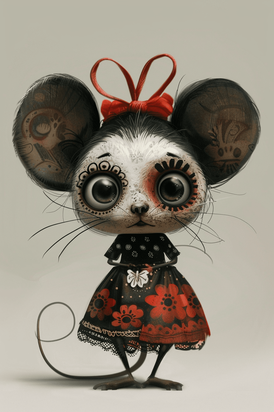AI generated: a tiny mouse character design, catrina make up, in the style of pixar, front view, exaggerated featu...