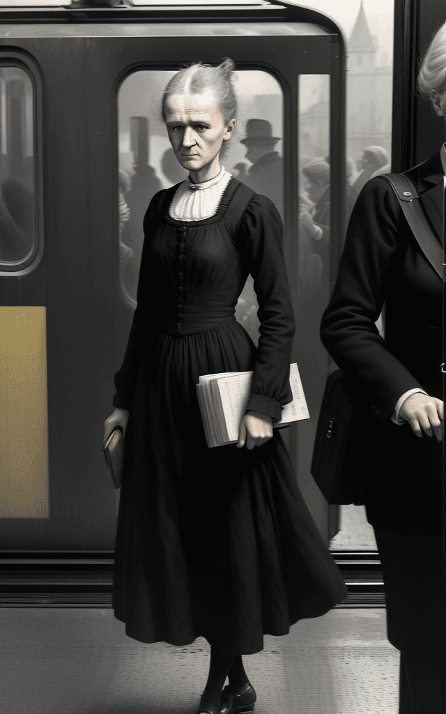 AI generated: This image should capture the pivotal moment of Marie Curie's departure for Paris. Portray Marie at ...