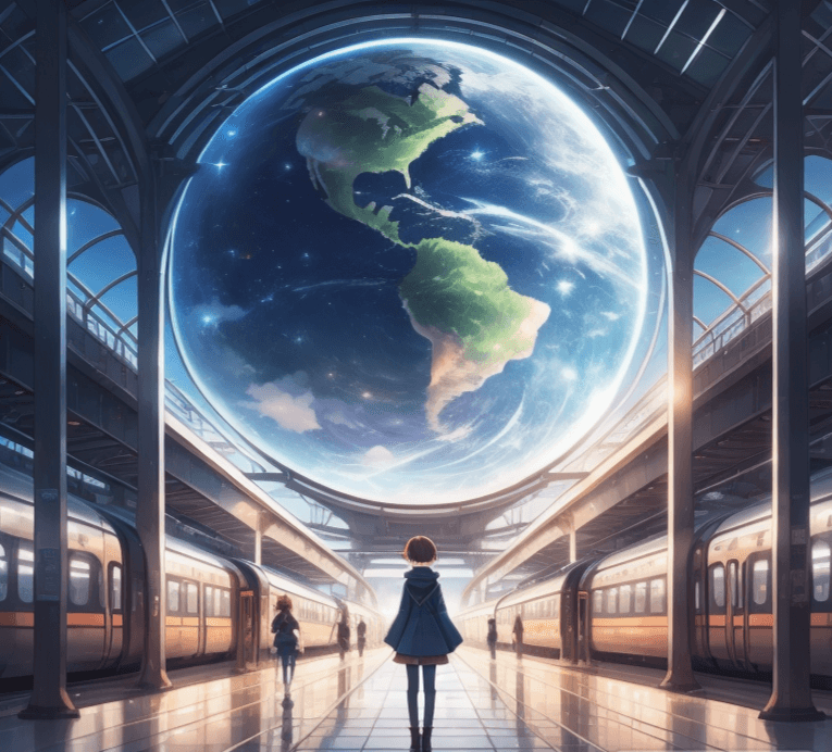 AI generated: 1girl watching planet earth from a train station on the moon, (detailed stunning environment), cinem...