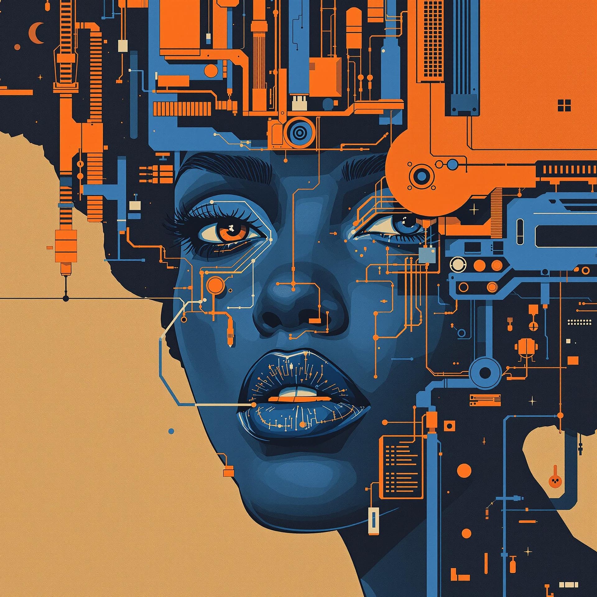 AI generated: 
female face, in the style of afrofuturism, george callaghan, engineering/construction and design, p...