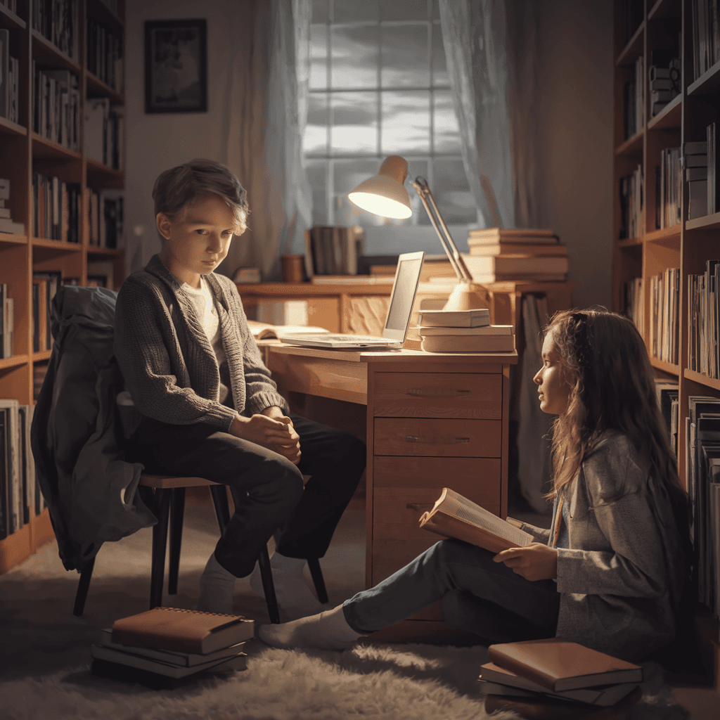 AI generated: A young boy sitting alone at a study desk, with books, notebooks, and a laptop scattered around. He ...