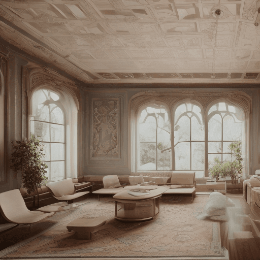 AI generated: High resolution photography interior design, dreamy sunken living room conversation pit, wooden floo...