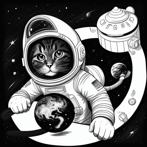 AI generated: space explorer cat, coloring page black and white, cartoon, painting
