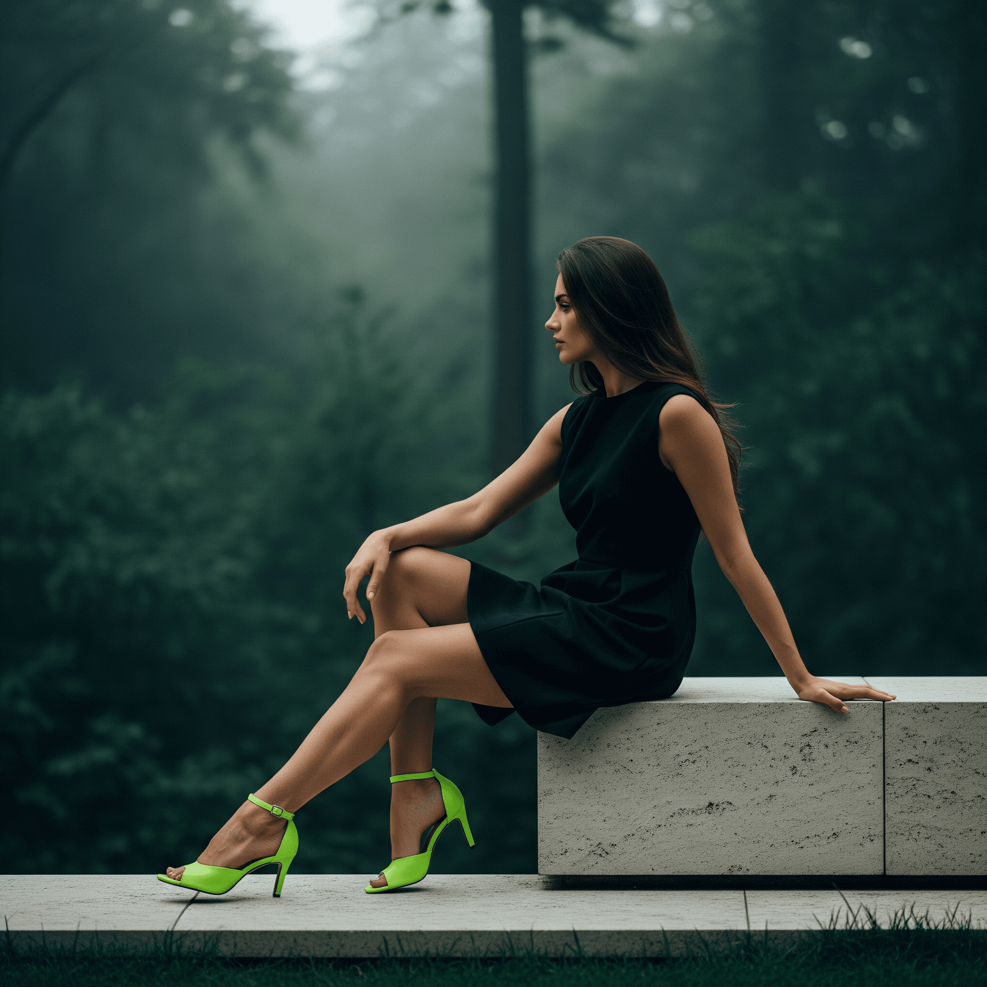 AI generated: (Imagen 4) A high-resolution cinematic fashion editorial shot of a woman with long brunette hair sit...