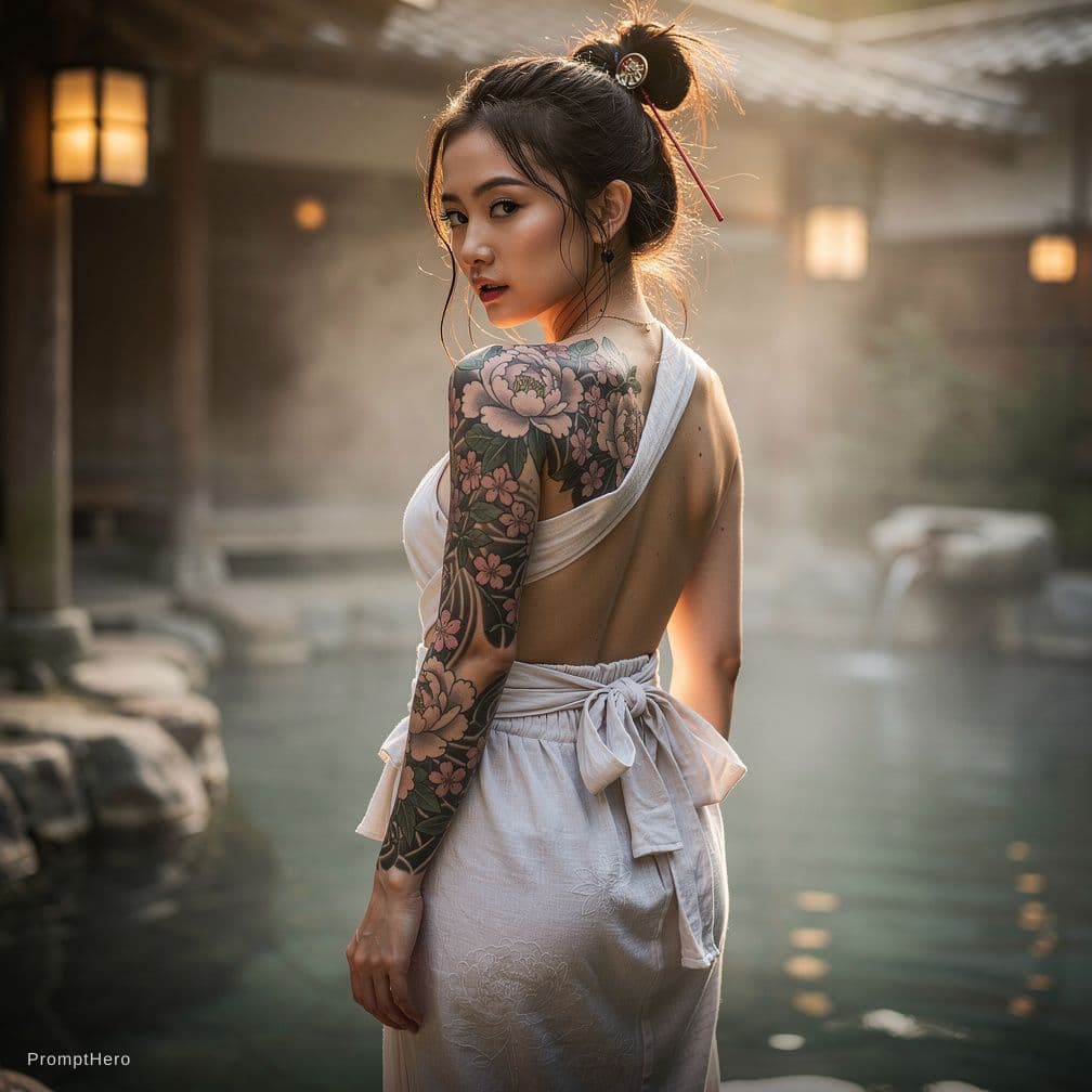 AI generated: A stunning, hyper-realistic depiction of a gorgeous, petite Asian samurai girl, standing nude with h...