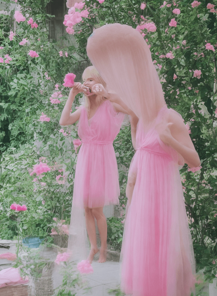 AI generated: blond woman in pink dress brushing teeth in front of mirror, pink dress, translucent dress, dressed ...