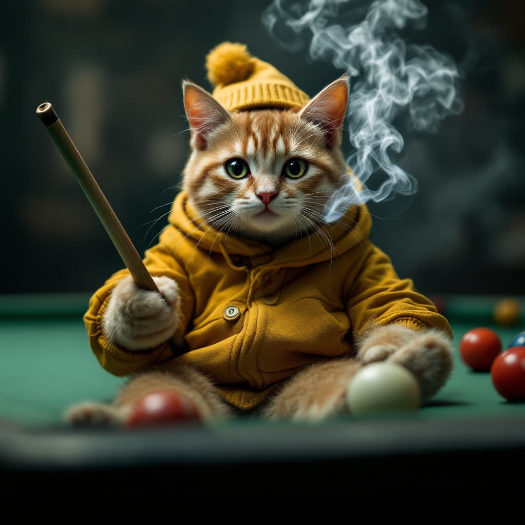 AI generated: Dramatic photo, visual tension, anthropomorphic real cute cat, wearing yellow casual wear, holding a...