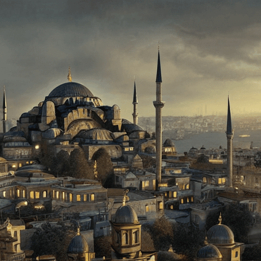 AI generated: an ultra detailed matte painting of the quaint mystical city of istanbul, grid shaped city cobblesto...