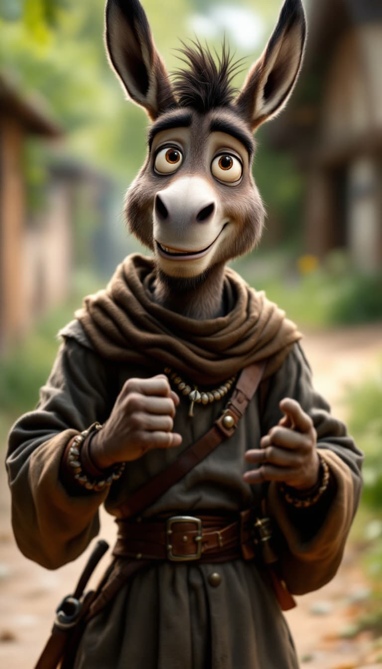 AI generated: Photorealistic portrait of an animated fast-talking companion inspired by Donkey; charismatic Africa...