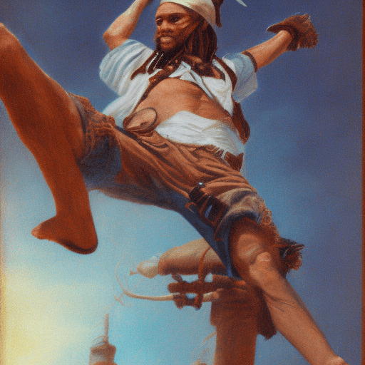 AI generated: an old pirate doing acrobatics, blue theme