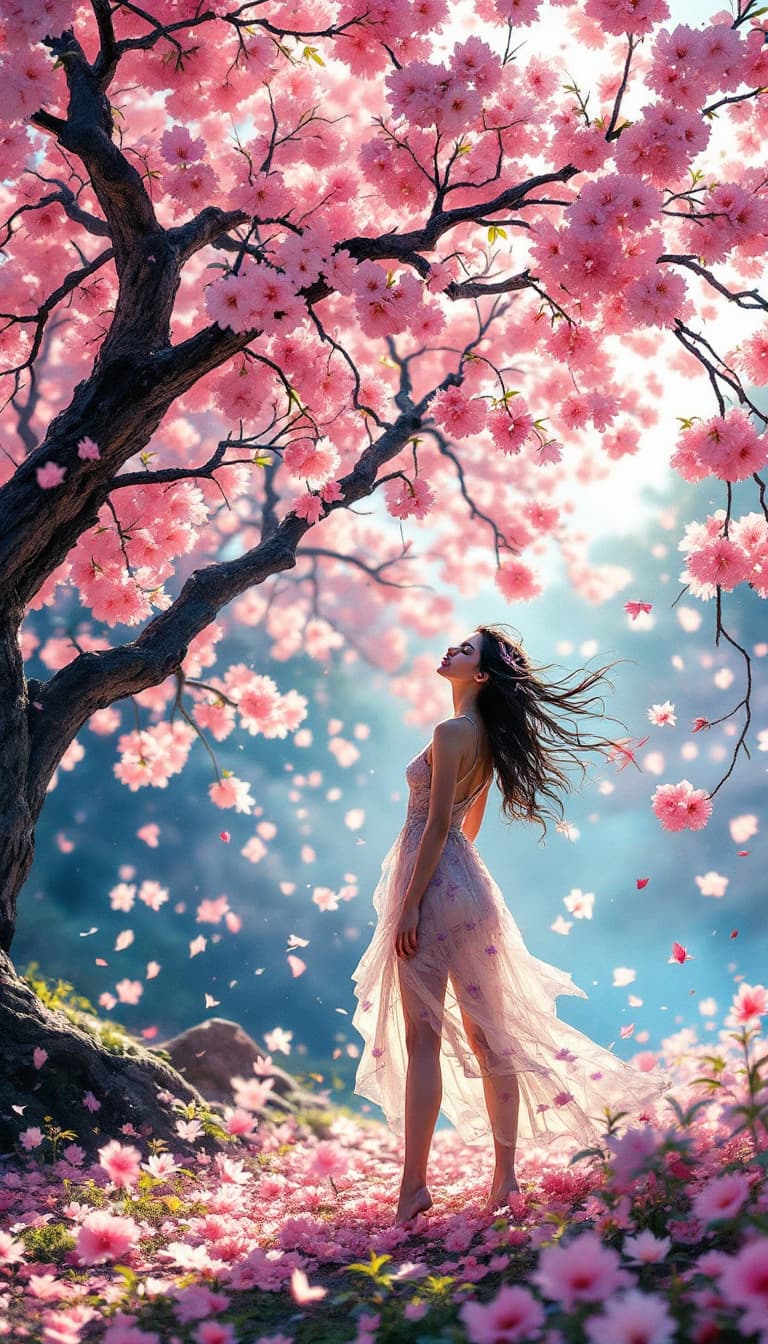 AI generated: Cherry blossoms bloom, Softly falling to the ground, Springtime's fleeting grace| dynamic pose |cent...
