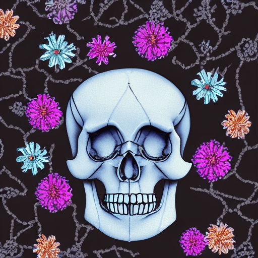 AI generated: a crystal skull with flowers in front of black background