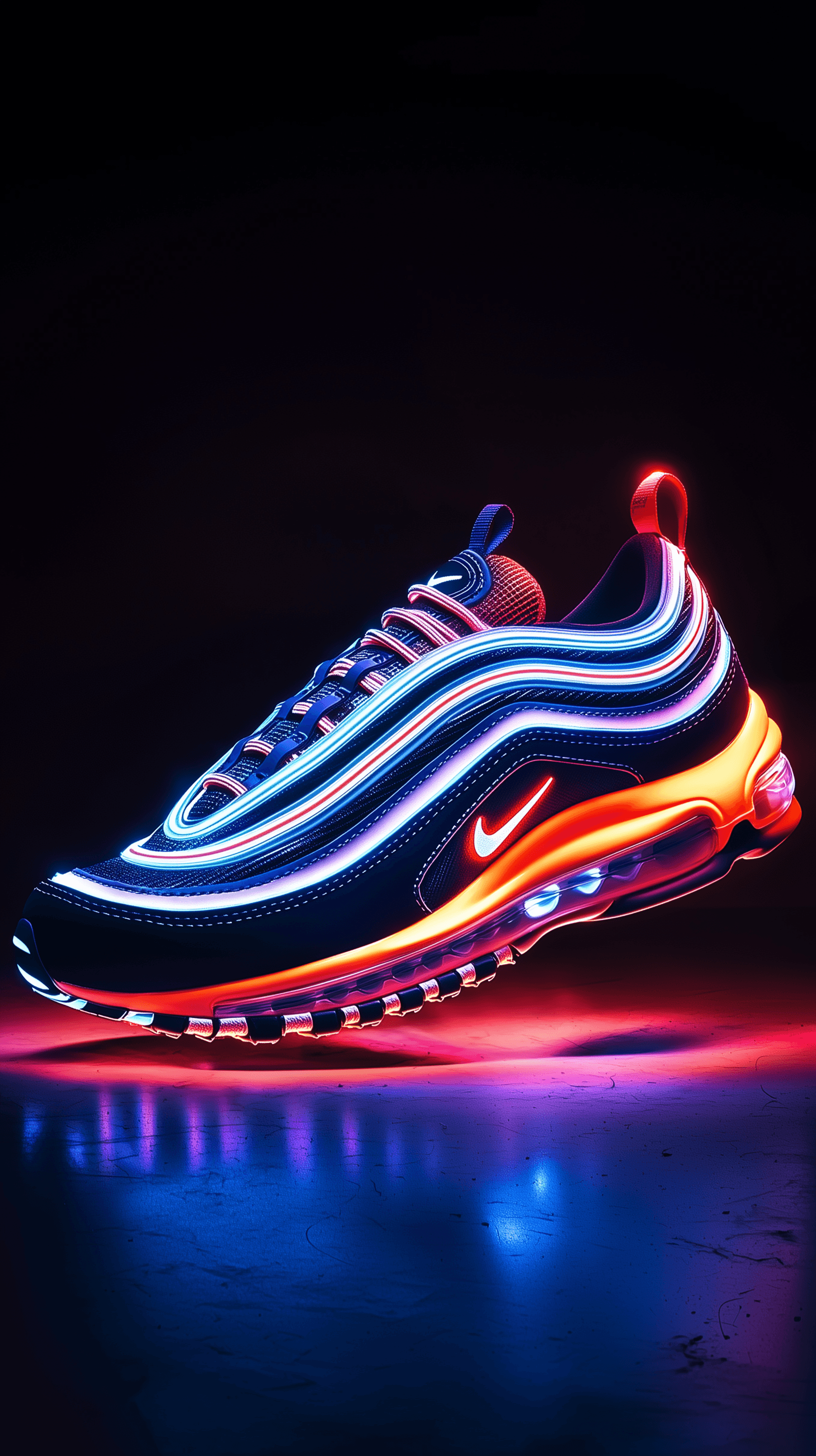 AI generated: neon art, side view, Airmax 97, vibrant color lights, dark atmosphere, 16K, hyper realistic, rich de...