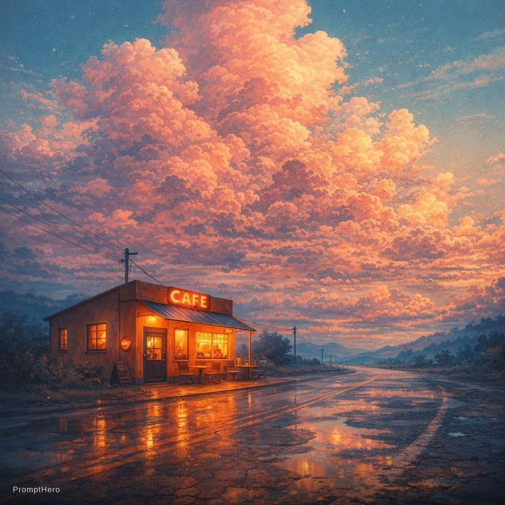 AI generated: illustration art, nostalgic, wide low-angle, small retro roadside Cafe, warm orange and teal color s...