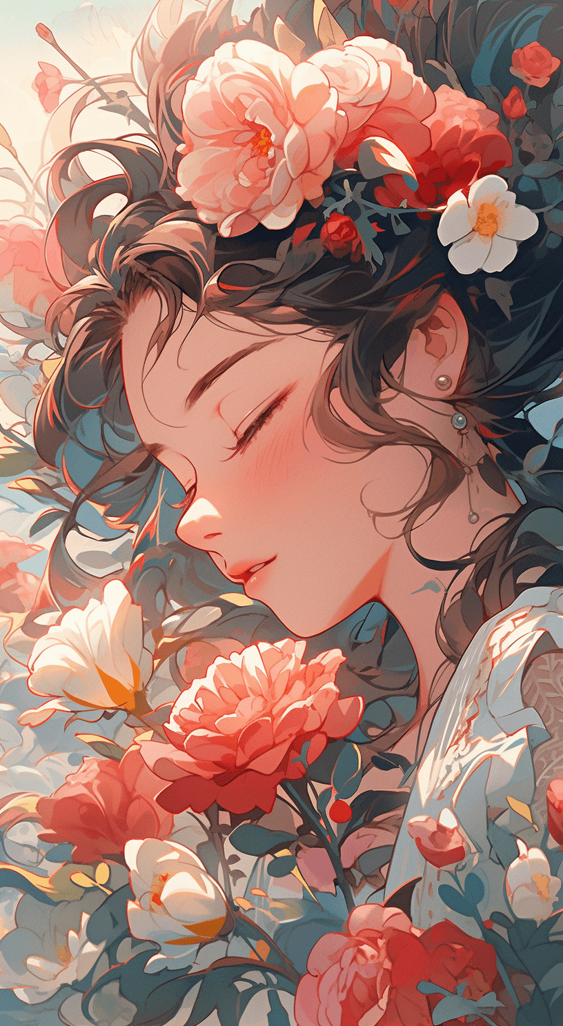 AI generated: a woman with flowers in her hair, in the style of poster art, dark white and light magenta, highly d...