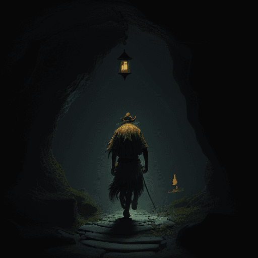 AI generated: a shaman walking in a dark cavern holding a lantern 