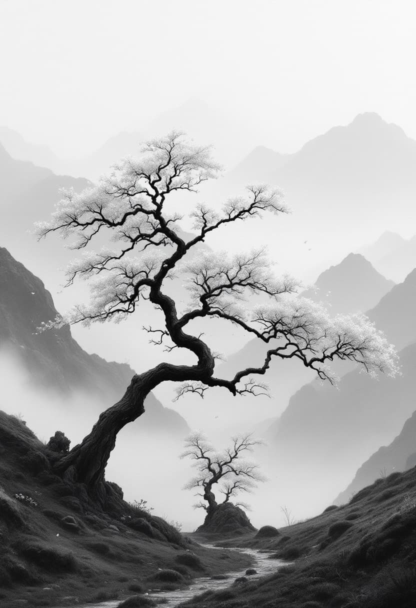 AI generated: cinematic grayscale. Traditional Japanese tree in a foggy mountain valley, soft contrast, muted tone...