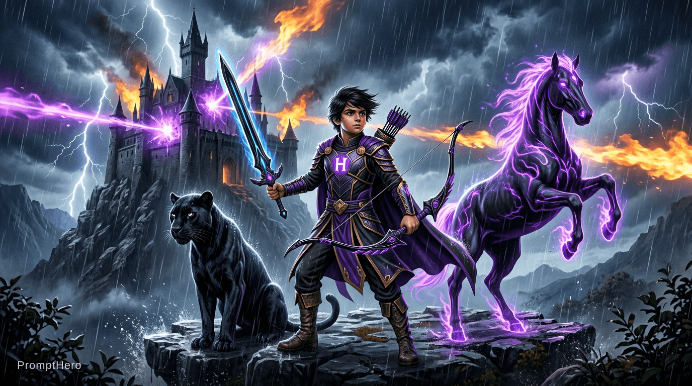 AI generated: A boy with have black blue colour sword background dracula castle with storm and fire both mixed wit...