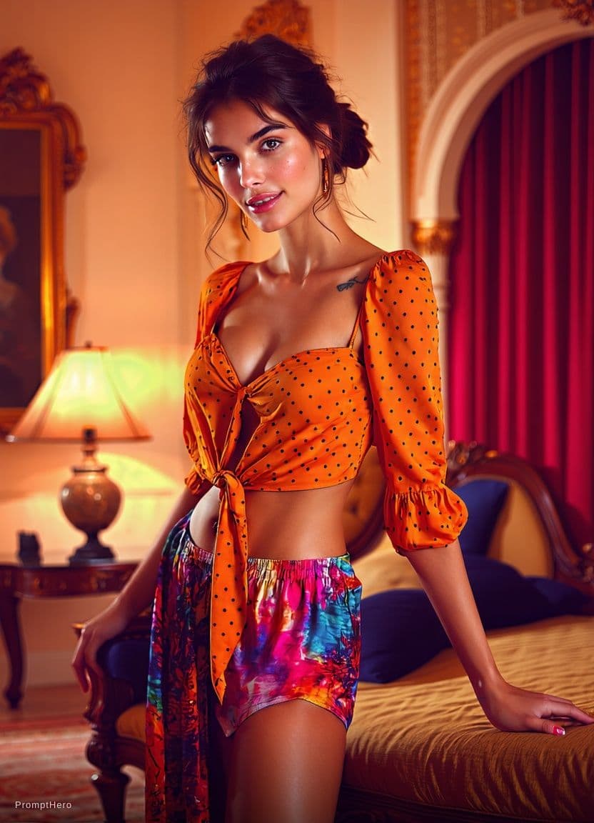 AI generated: Convert this image to a romantic girl. She wear orange sweetheart blouse decorated with small golden...