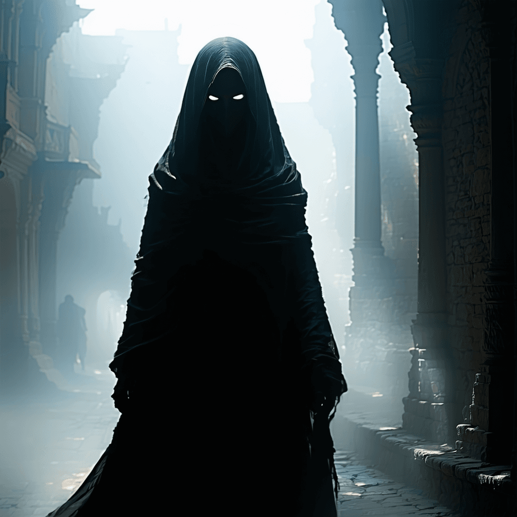 AI generated: A mysterious shadow weaver, her face hidden beneath a shifting mask of darkness and wearing clothing...