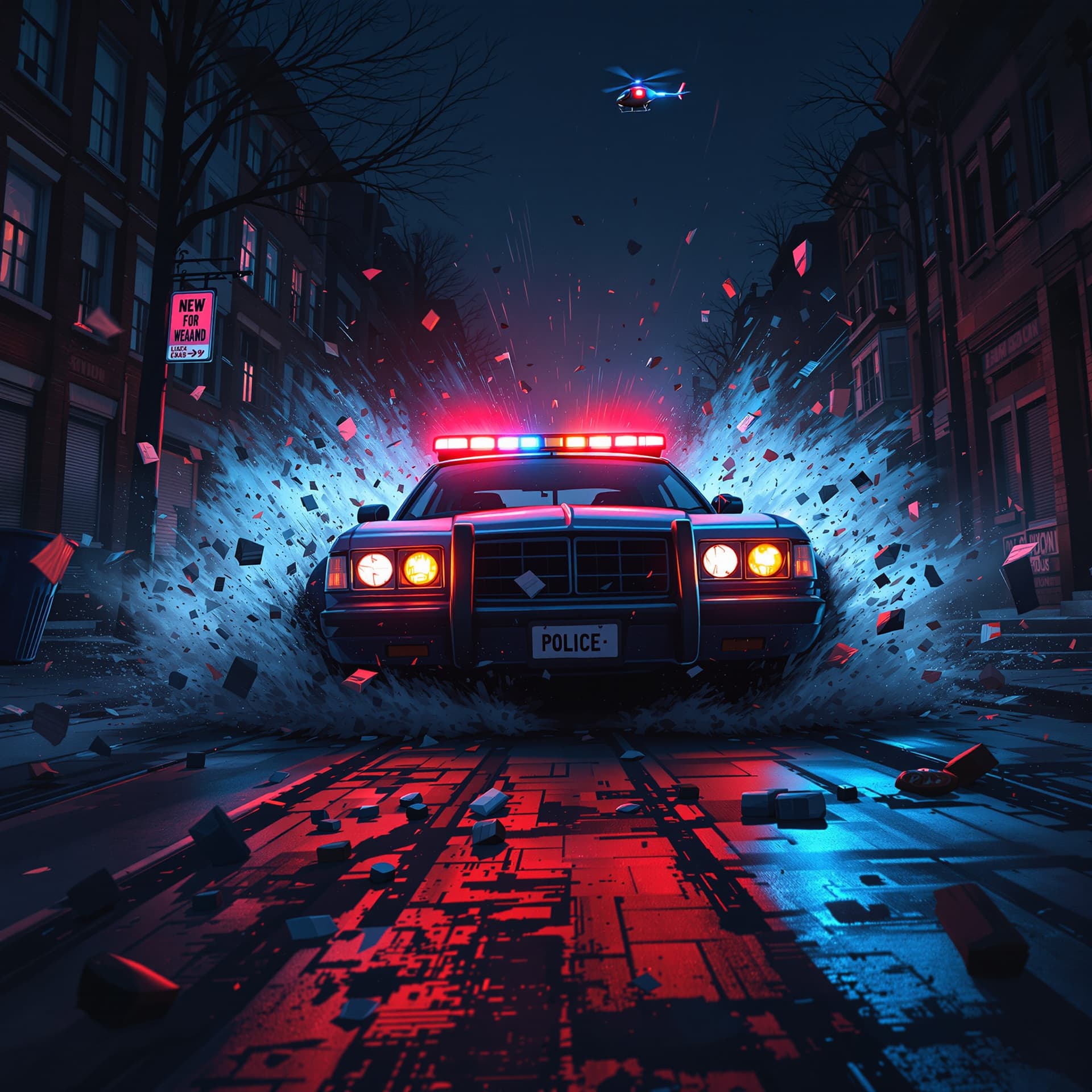 AI generated: a crazy looking cop car with it's patrol lights casting red and blue colors is  DRIVING AT FULL SPEE...