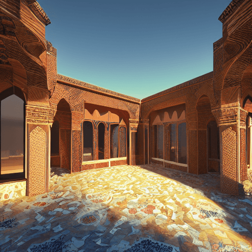 AI generated: Persian architecture style villa, brick, sunrise, Arcade stained glass window, desert environment, s...