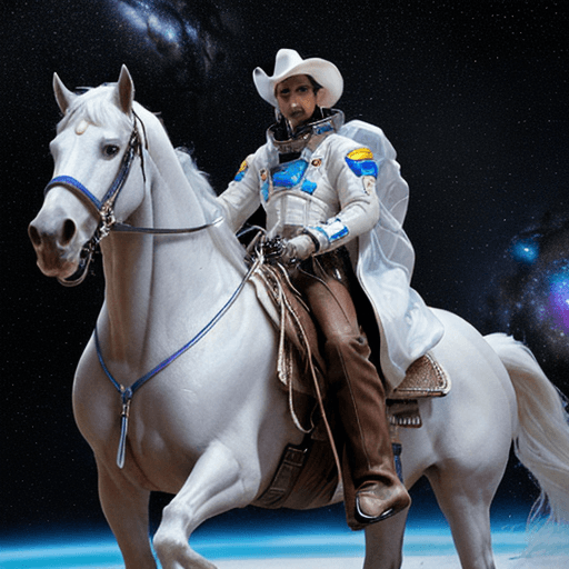 AI generated: A fearless space  serious face as a cowboy riding a sleek  white horse through a cosmic nebula, a tr...