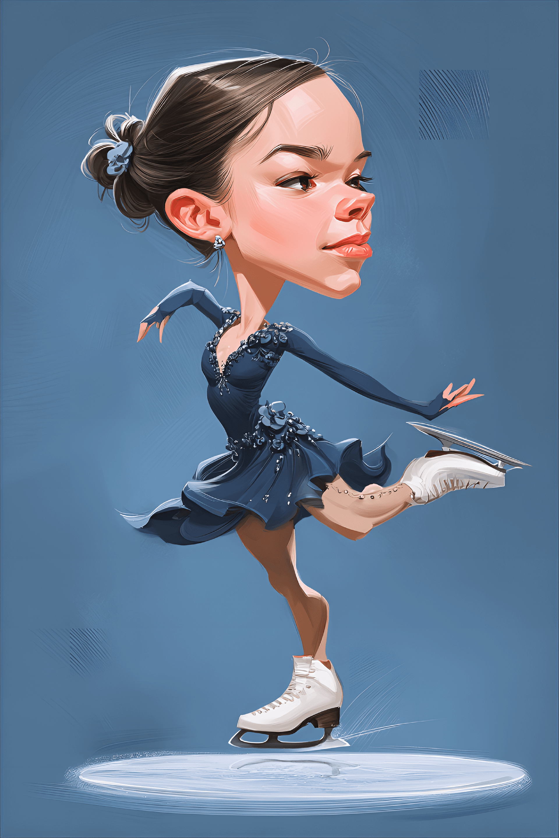 AI generated: funny caricature, olympic figure skater caricature, young russian female, 25 years old, elegant post...