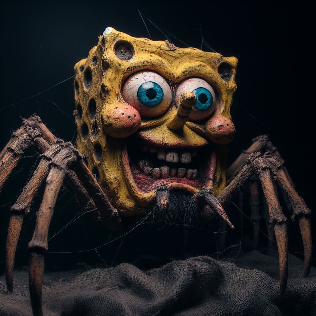 AI generated: spongbob as a spider, creepy, extremely detailed, high quality