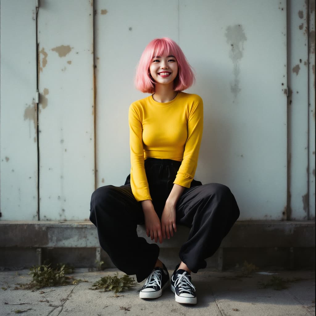 AI generated: Japanese girl  realistic, female,  short pink hair with long bangs, grinning , wearing yellow long s...