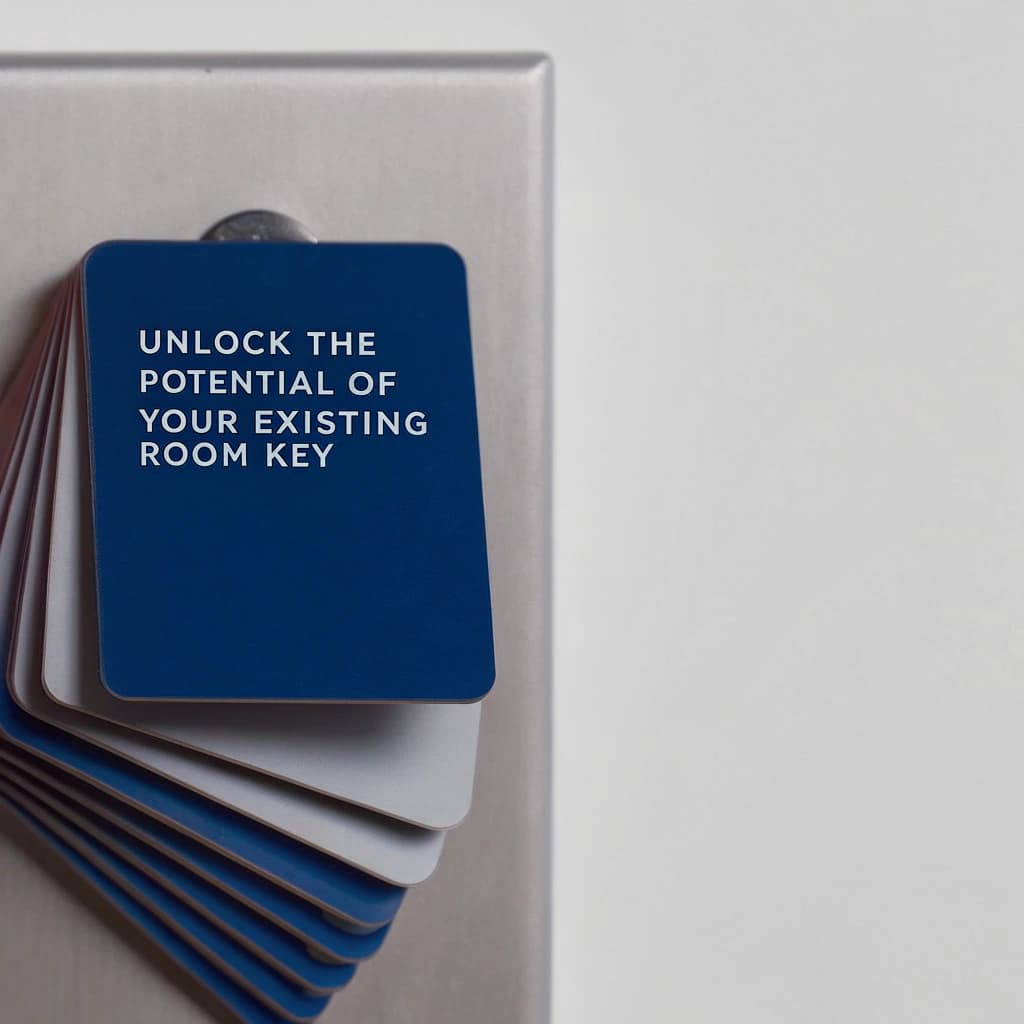AI generated: **"A structured, clean stack of ultra-thin, glossy RFID hotel room key cards, arranged in a perfect ...