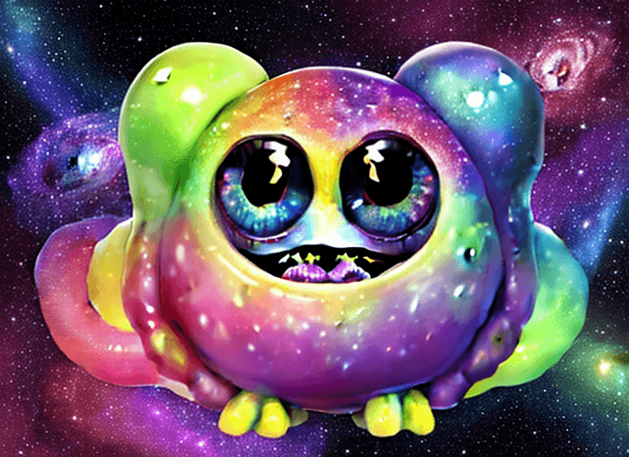 AI generated: communal galaxy of realistic pascal colorful roll up sour sweet mascot. It has two large glassed eye...